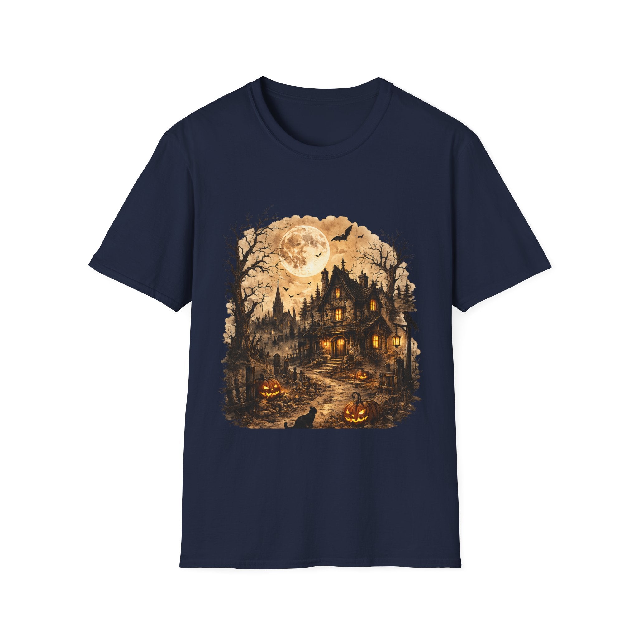 Playera Casa Embrujada · Luna Llena y Calabazas · Haunted House Gothic Halloween Tee