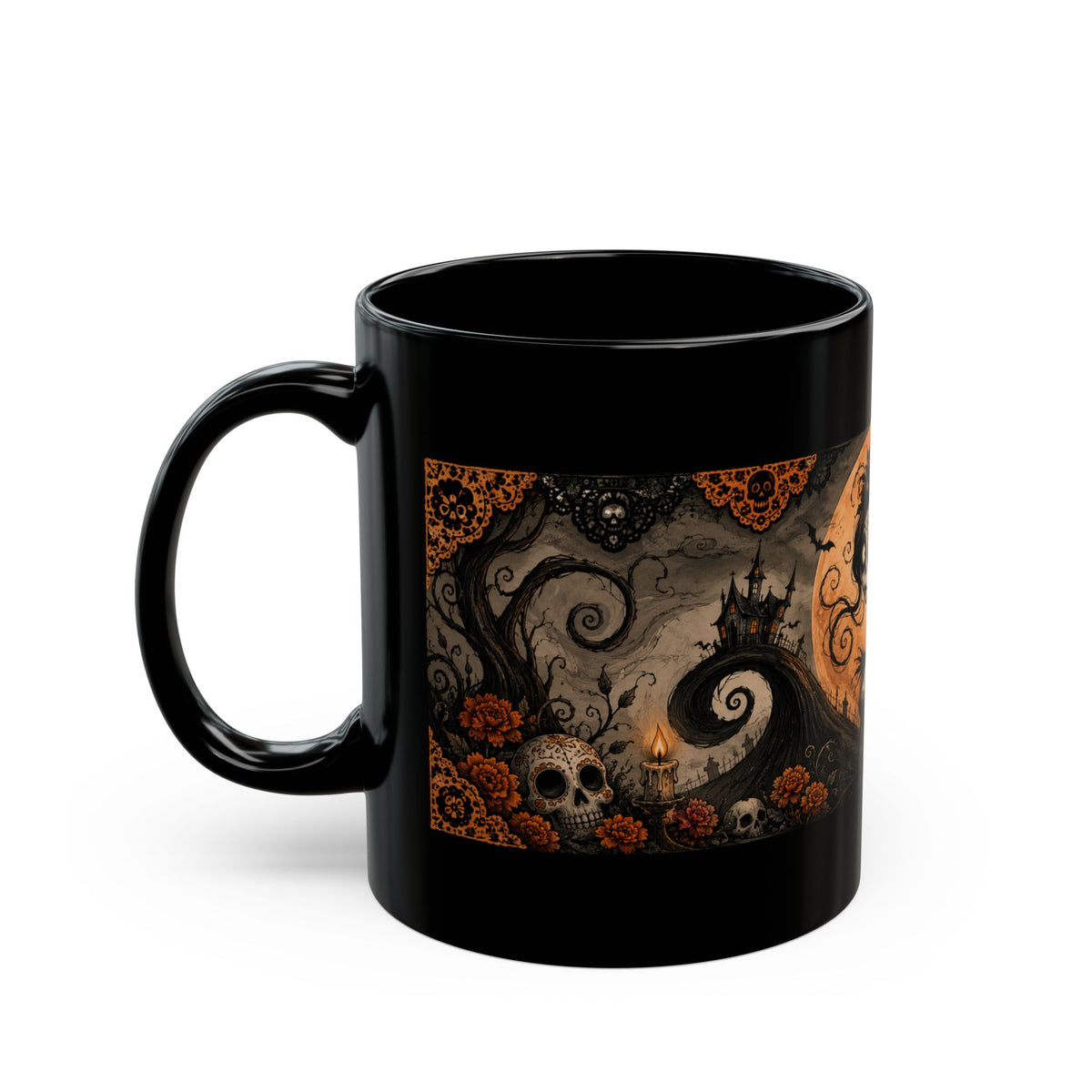 Catrina Moon Mug — Día de los Muertos Black Ceramic Coffee Cup, 11oz/15oz