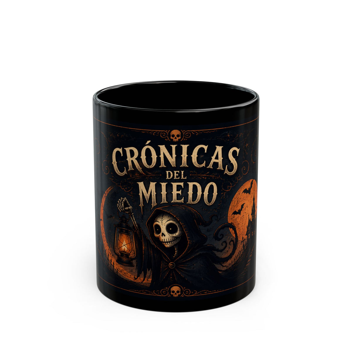 Crónicas del Miedo Haunted Moon Mug — Black Ceramic Coffee Cup, 11oz/15oz