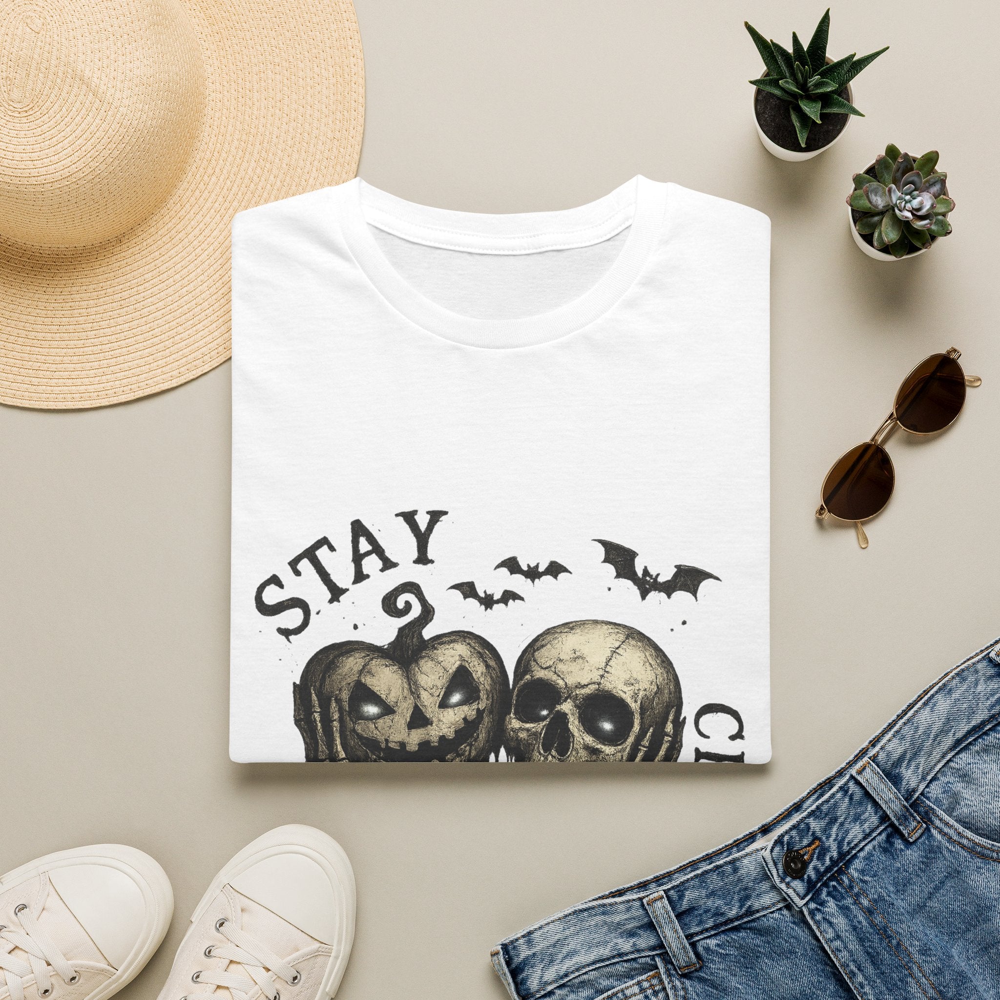Playera Stay Creepy · Cráneo Vintage y Calabazas · Gothic Halloween Skull Pumpkin Tee