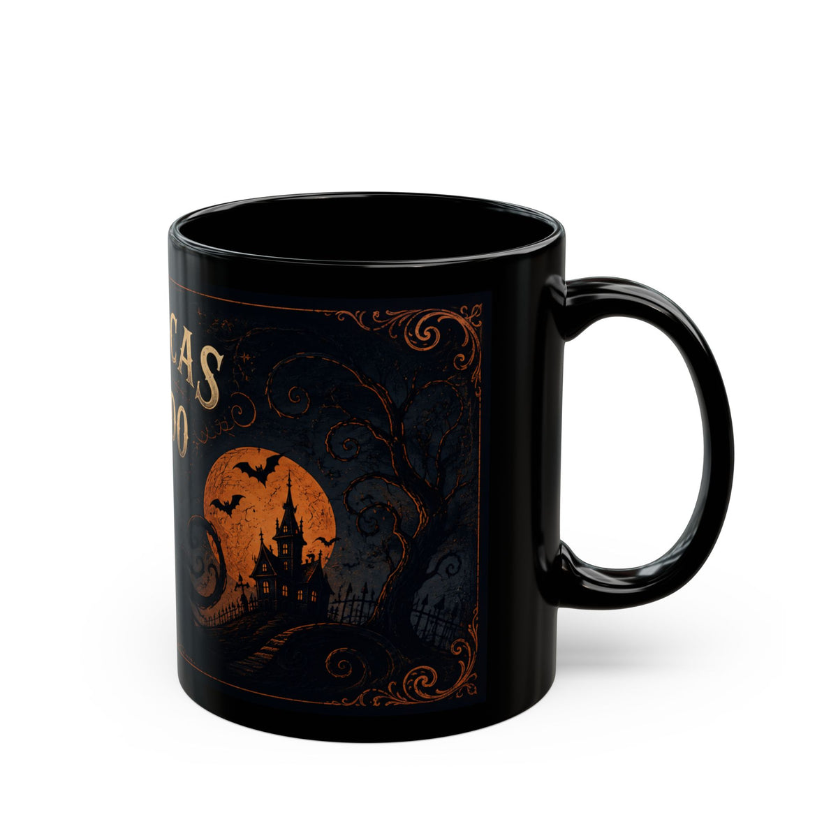 Crónicas del Miedo Haunted Moon Mug — Black Ceramic Coffee Cup, 11oz/15oz