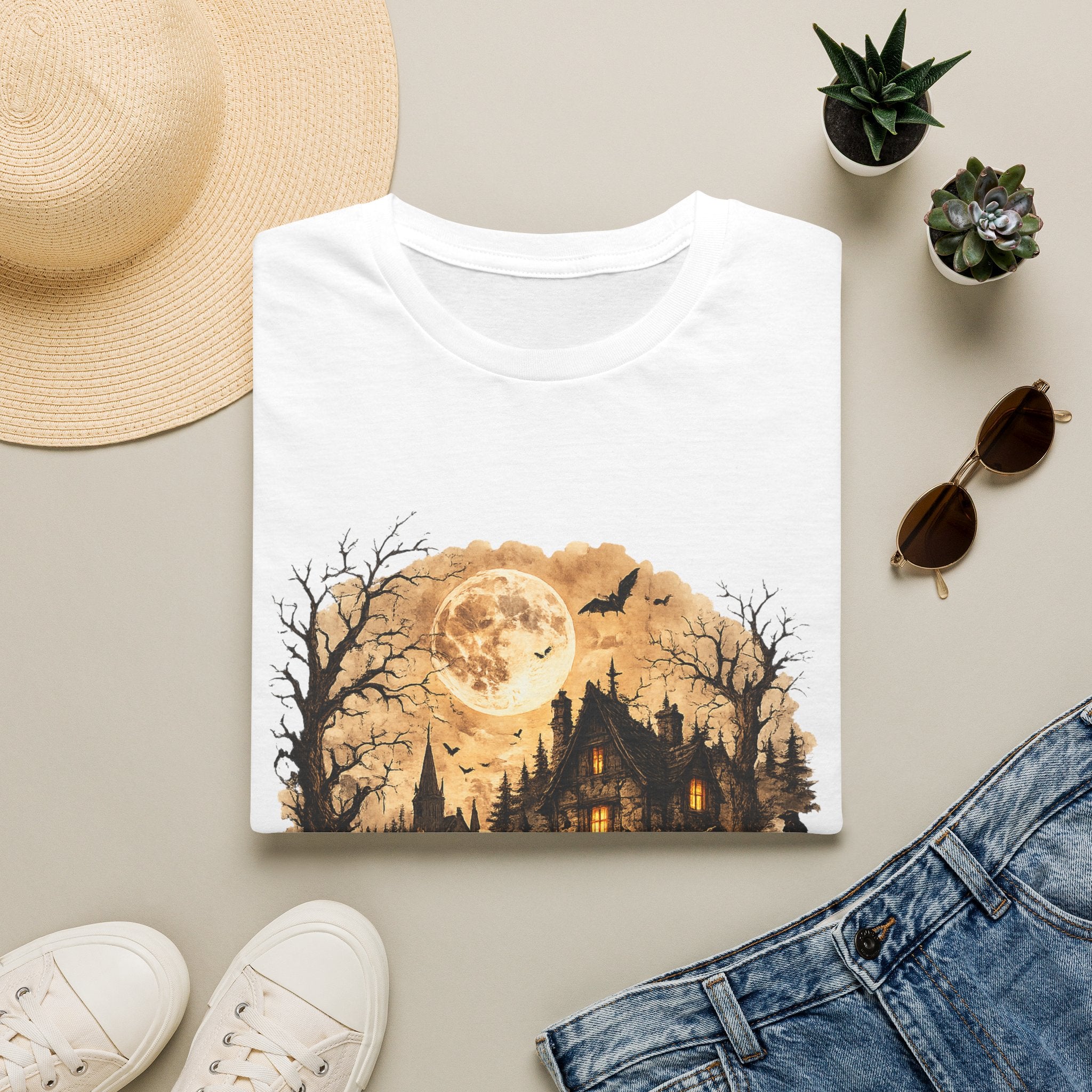 Playera Casa Embrujada - luna llena y calabazas, haunted house gothic tee - foto 2