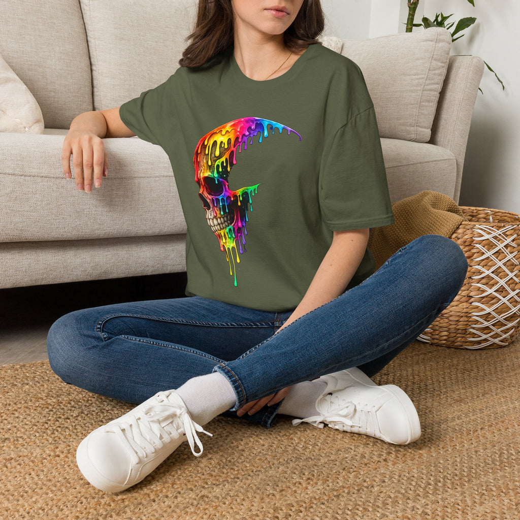Playera Cráneo Arcoíris · Calavera Goteante de Color · Rainbow Drip Skull Festival Streetwear Tee
