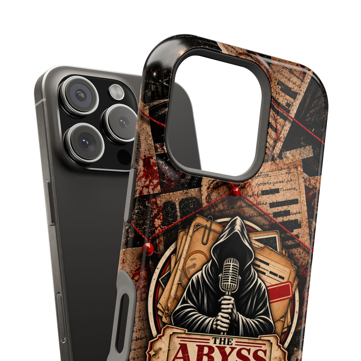 The Abyss Narrator Phone Case — True Crime Cold Case Evidence Board Design, Magnetic MagSafe Tough Case for iPhone & Samsung
