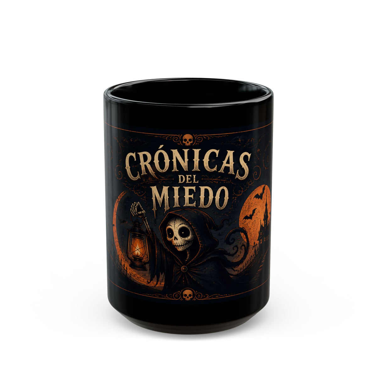 Crónicas del Miedo Haunted Moon Mug — Black Ceramic Coffee Cup, 11oz/15oz