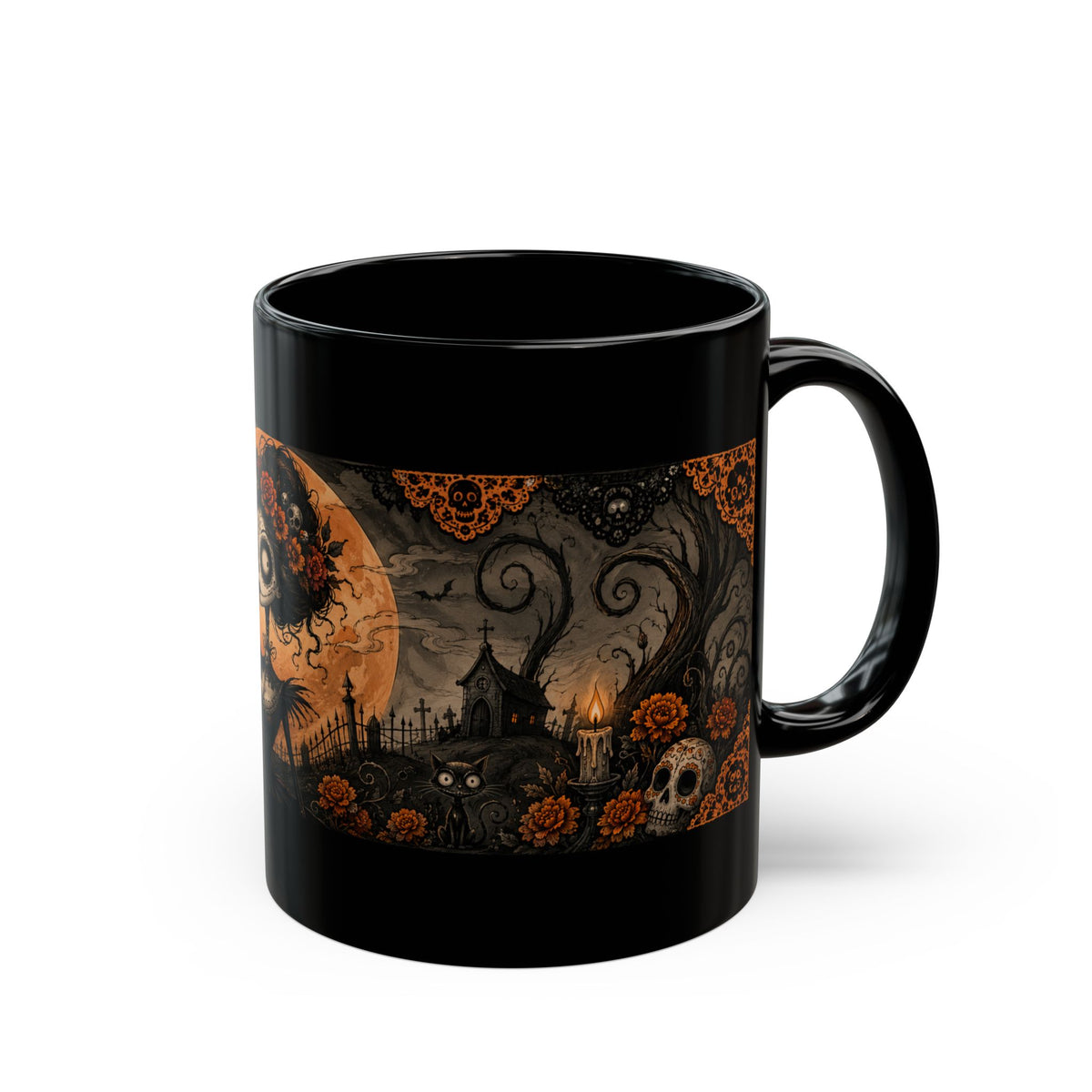 Catrina Moon Mug — Día de los Muertos Black Ceramic Coffee Cup, 11oz/15oz