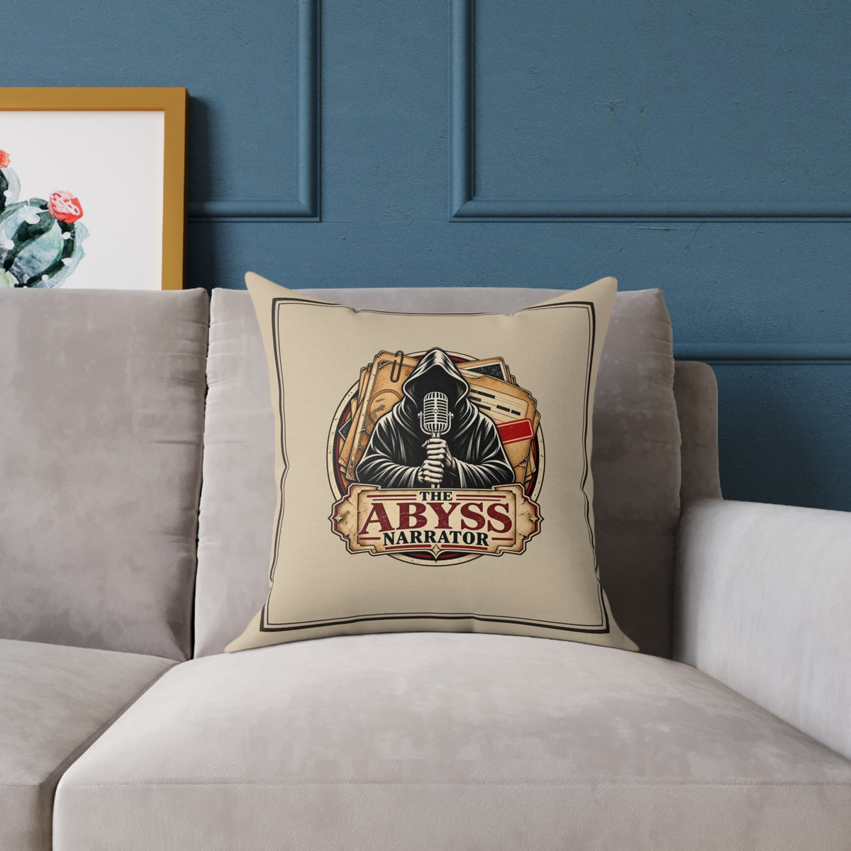 The Abyss Narrator true crime gift pillow on a sofa