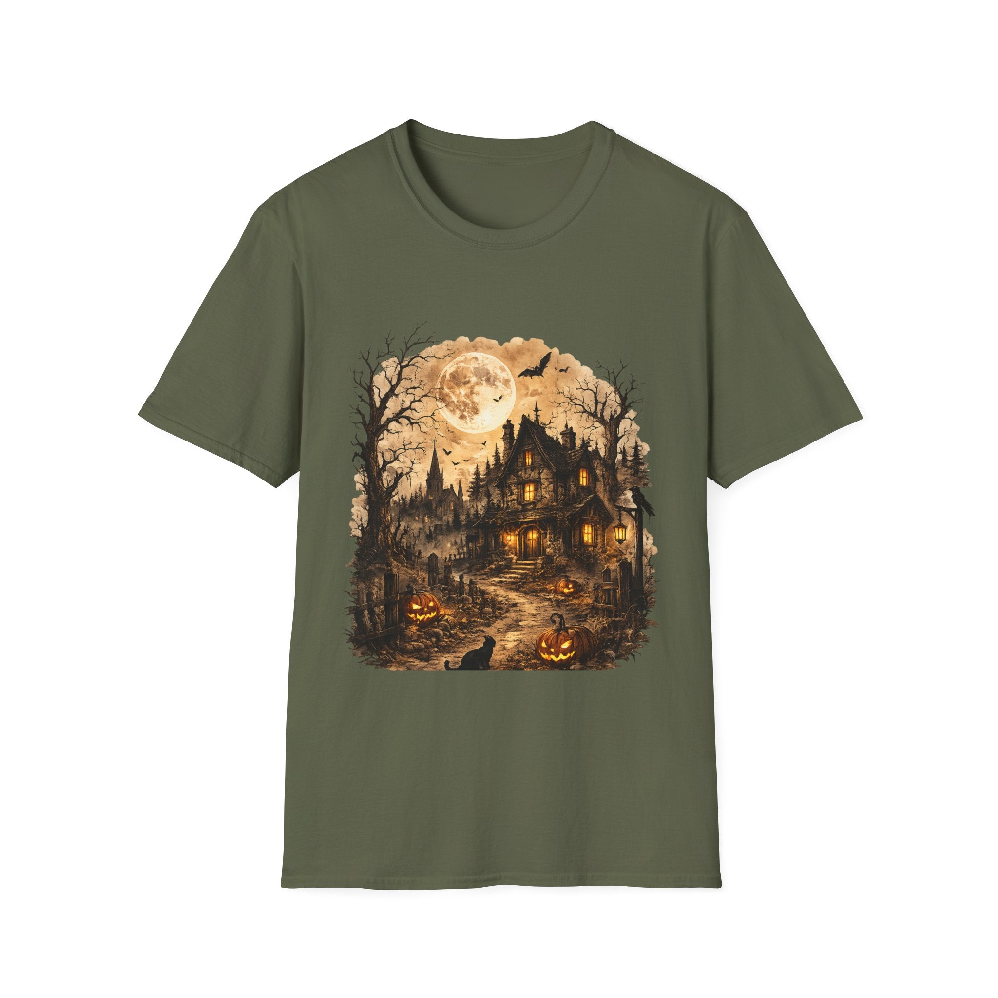 Playera Casa Embrujada · Luna Llena y Calabazas · Haunted House Gothic Halloween Tee