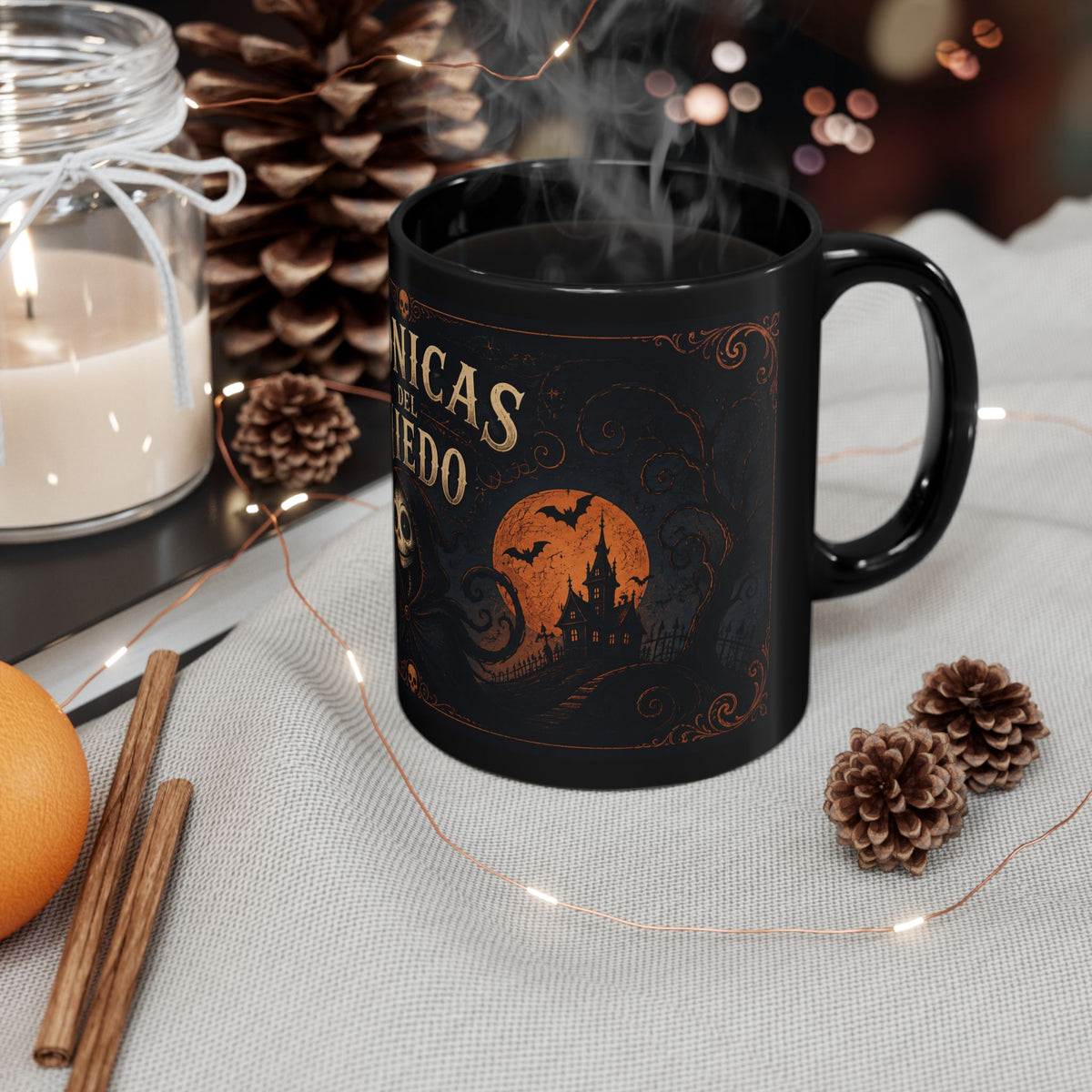 Crónicas del Miedo Haunted Moon Mug — Black Ceramic Coffee Cup, 11oz/15oz