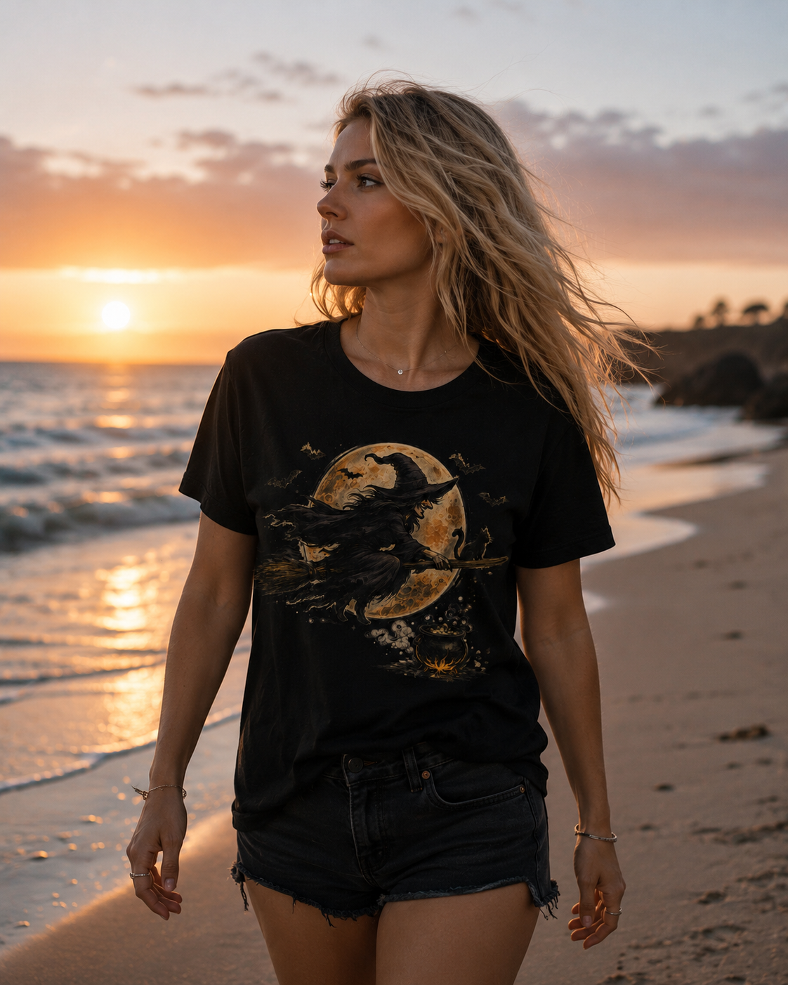 Witch Flight Tee · Bruja y Luna de Cosecha · Moonlit Witch Broom Halloween Folklore Tee