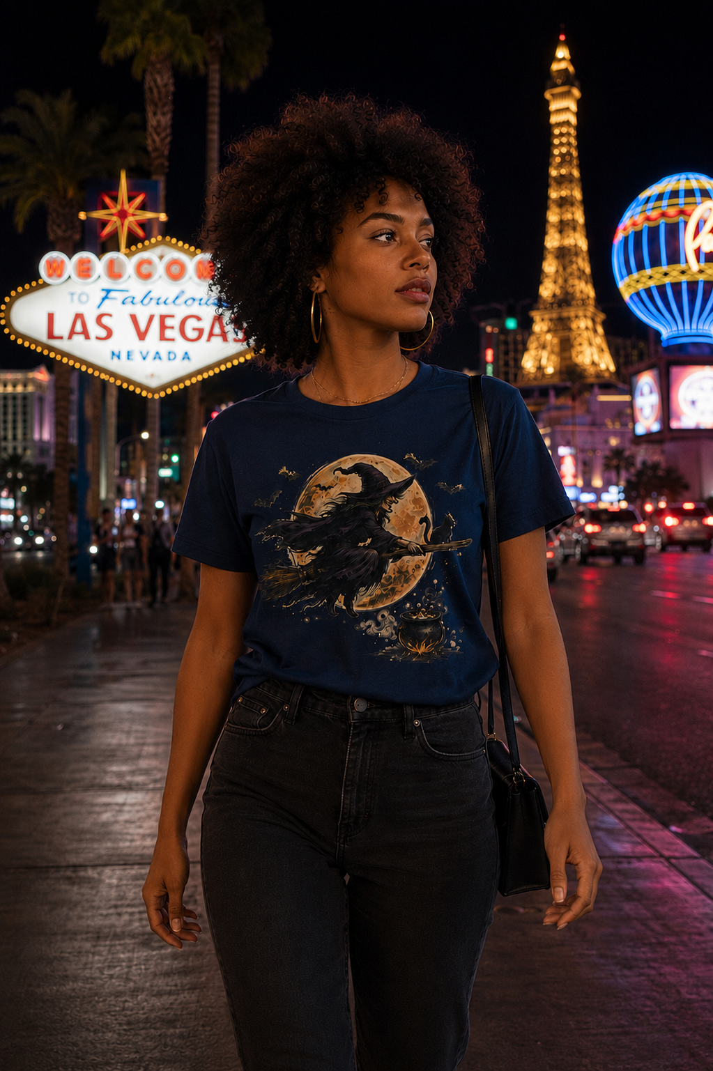 Witch Flight Tee · Bruja y Luna de Cosecha · Moonlit Witch Broom Halloween Folklore Tee