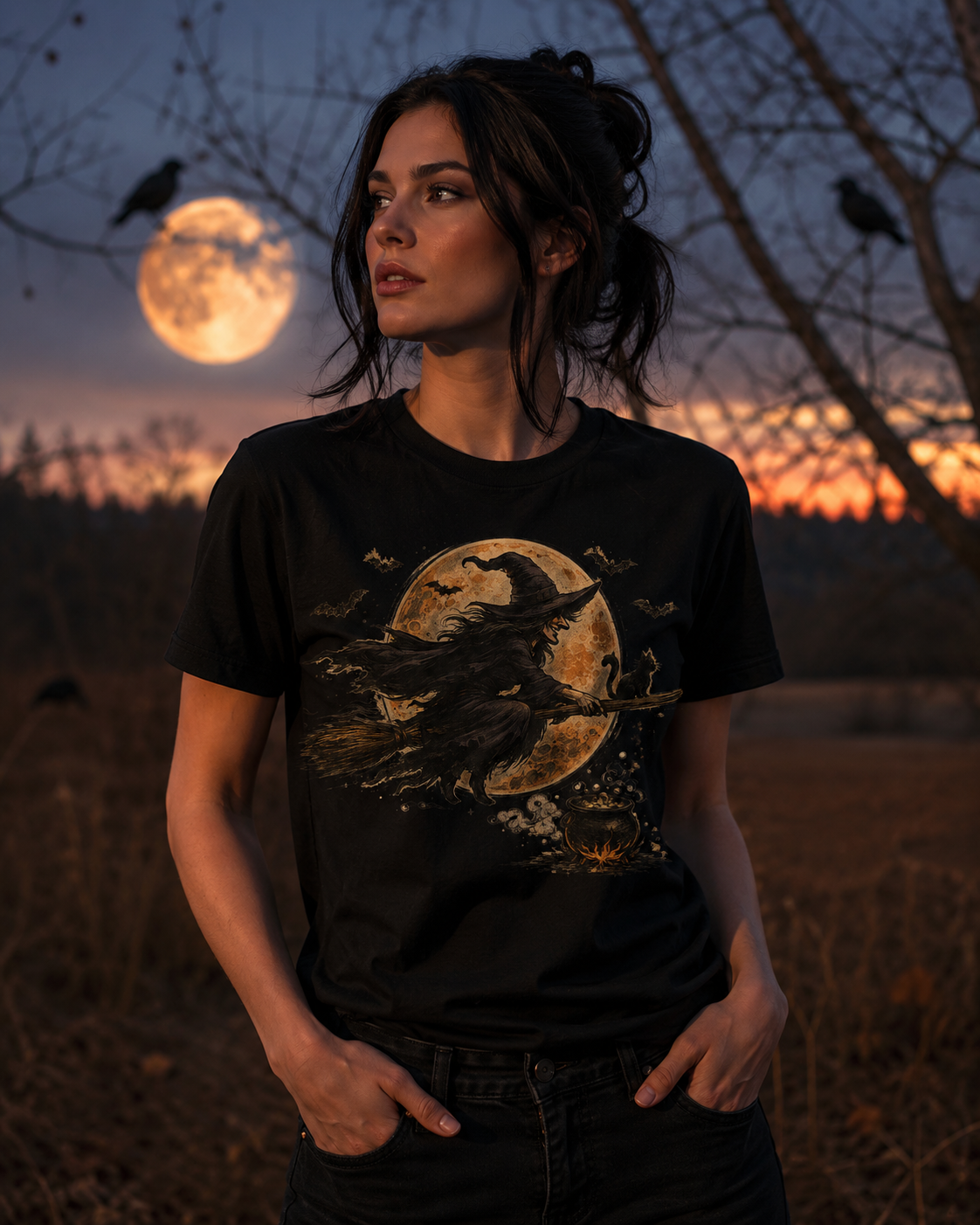 Witch Flight Tee · Bruja y Luna de Cosecha · Moonlit Witch Broom Halloween Folklore Tee